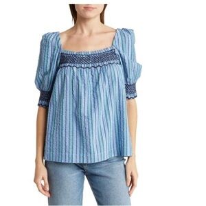 NWOT Faherty PRESLEY STRIPE PUFF SLEEVE SEERSUCKER TOP IN BLUE COAST STRIPE XS